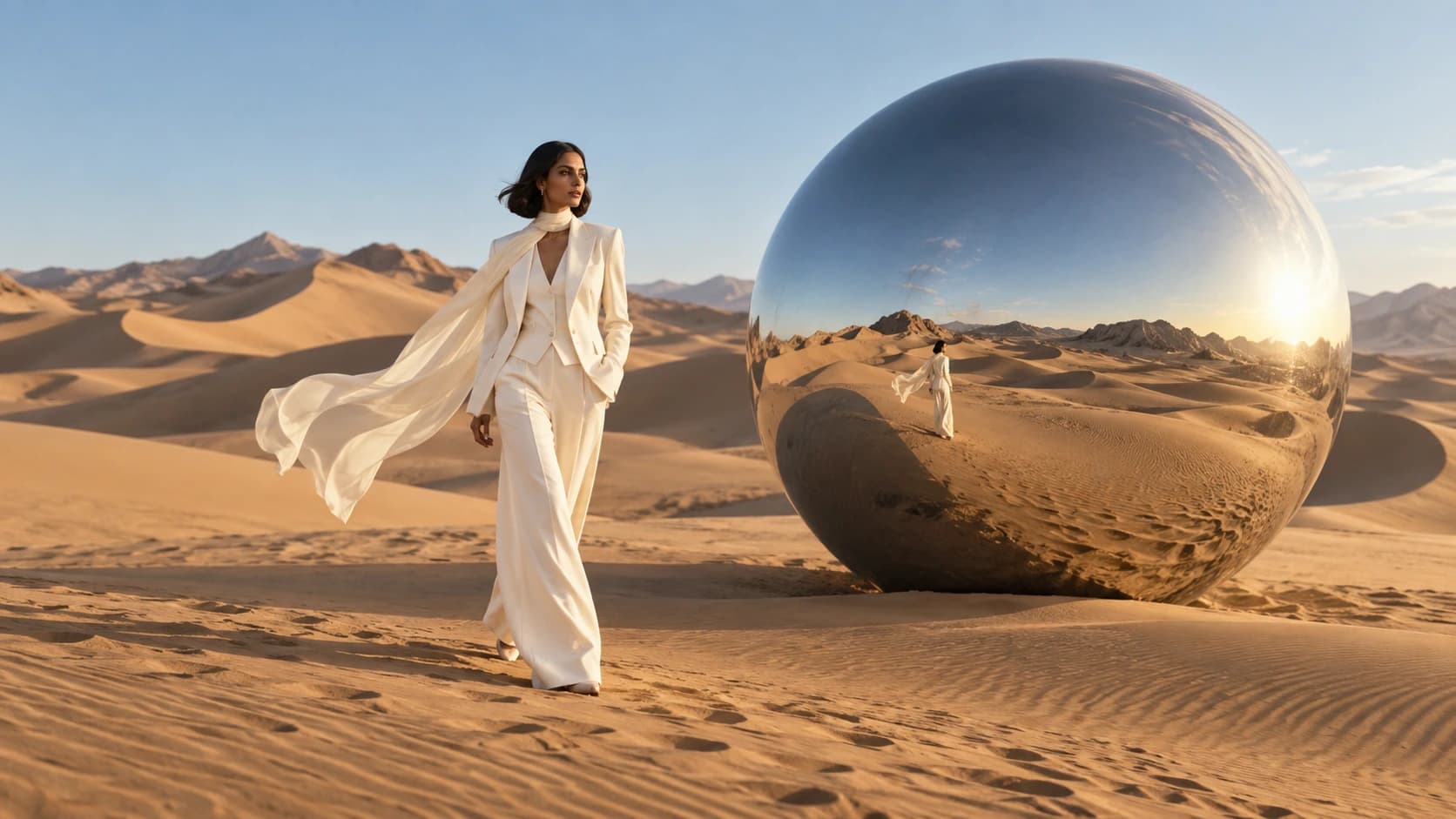 Production study: a character and a mirrored sphere in a desert landscape